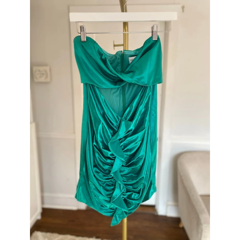 Hello Molly Emerald Mini Dress Satin Cutout Ruched L Quiet Luxury Prom Cocktail